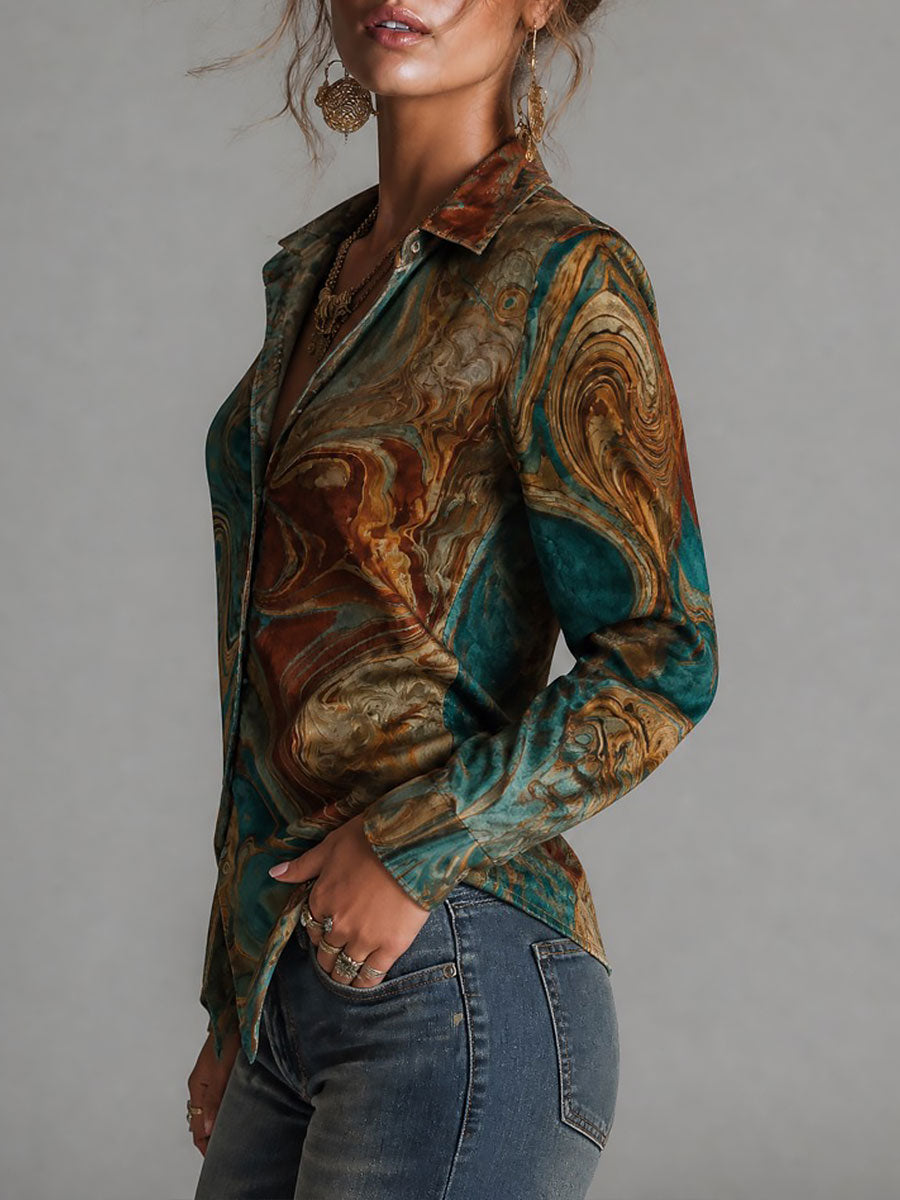 Blusa Vintage de Terciopelo con Estampado de Mármol, Manga Larga y Botones