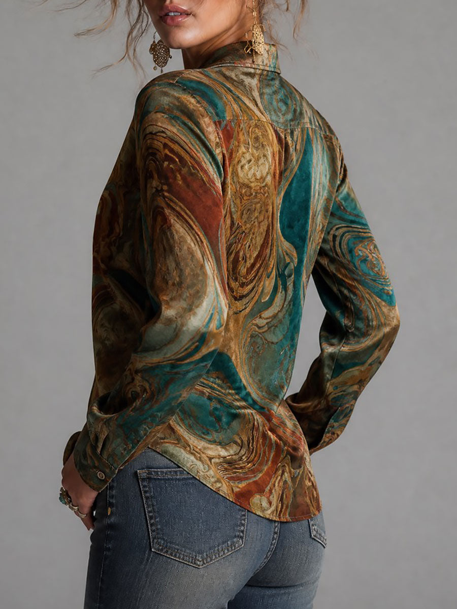 Blusa Vintage de Terciopelo con Estampado de Mármol, Manga Larga y Botones