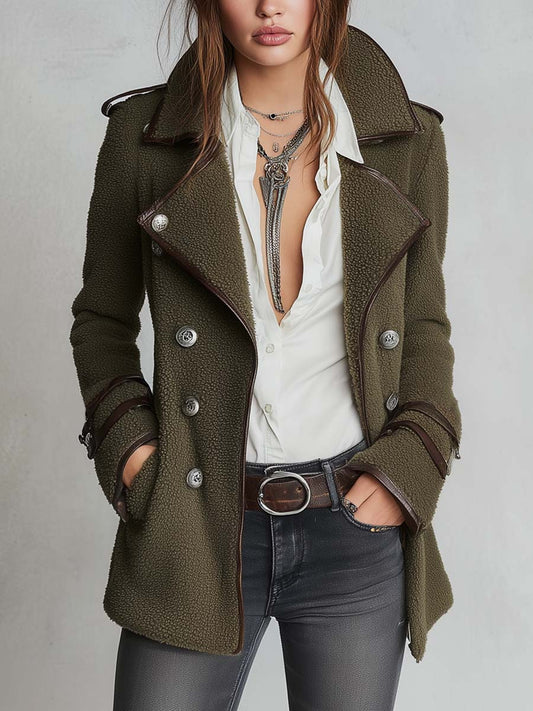 Abrigo Vintage con Ribete de Contraste y Cuello de Piel Sintética