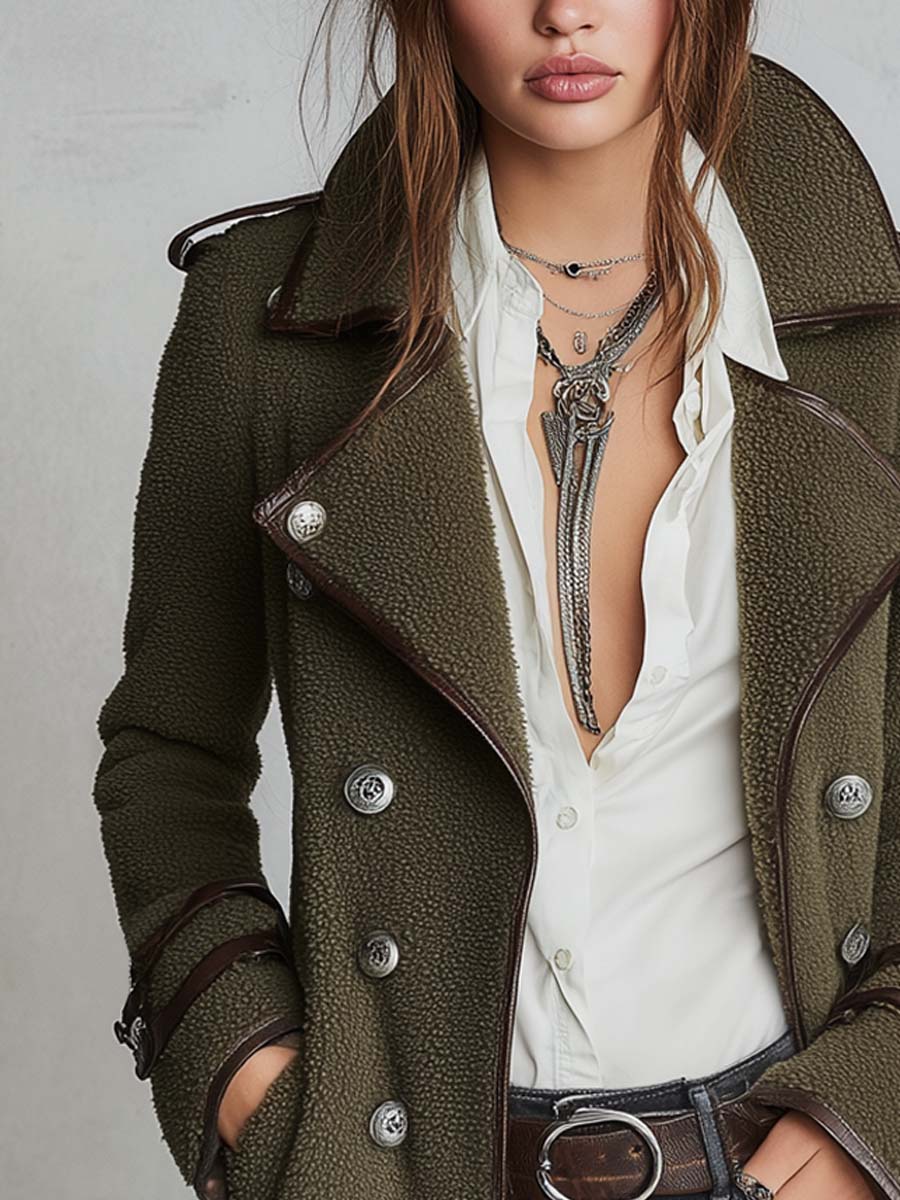 Abrigo Vintage con Ribete de Contraste y Cuello de Piel Sintética