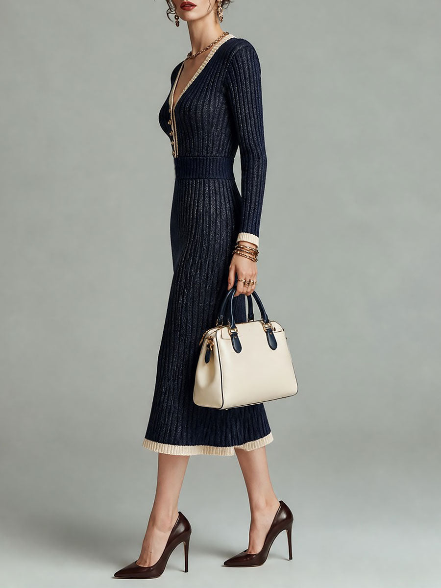 Vestido Midi Sirena Elegante de Punto Acanalado con Cuello en V, Manga Larga y Ribete en Contraste