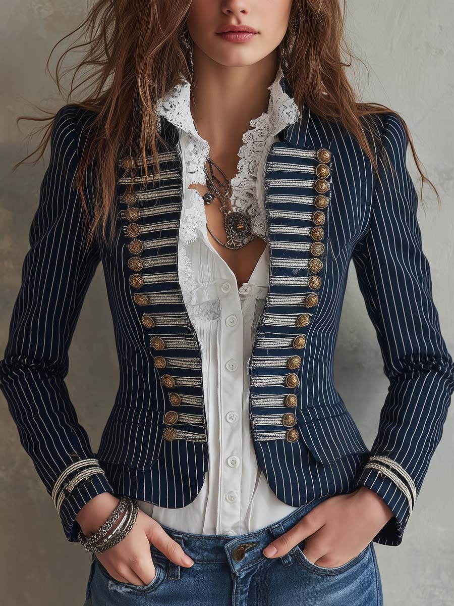 Blazer de Rayas Diplomáticas Estilo Militar para Mujer con Ribete Trenzado y Detalles de Botones