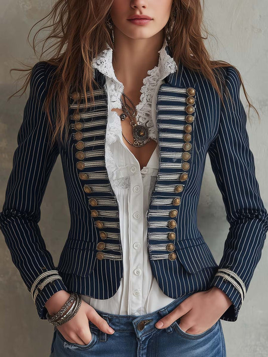 Blazer de Rayas Diplomáticas Estilo Militar para Mujer con Ribete Trenzado y Detalles de Botones