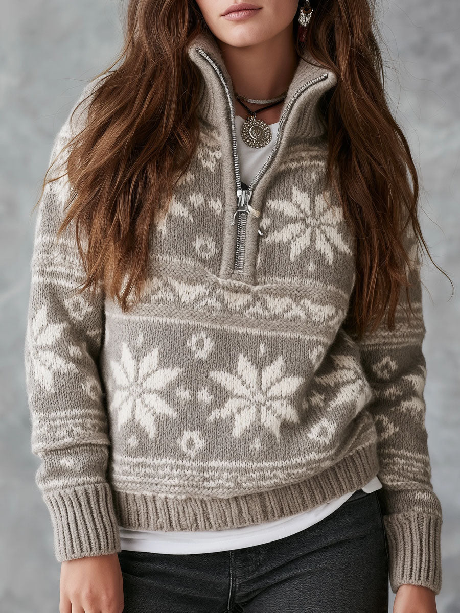 Suéter Boho Gris Jaspeado de Punto con Patrón de Copos de Nieve, Cuello de Tortuga y Medio Cierre