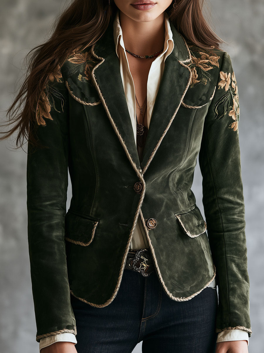 Blazer Boho Retro de Microgamuza con Bordado Floral y Ribete de Cordón