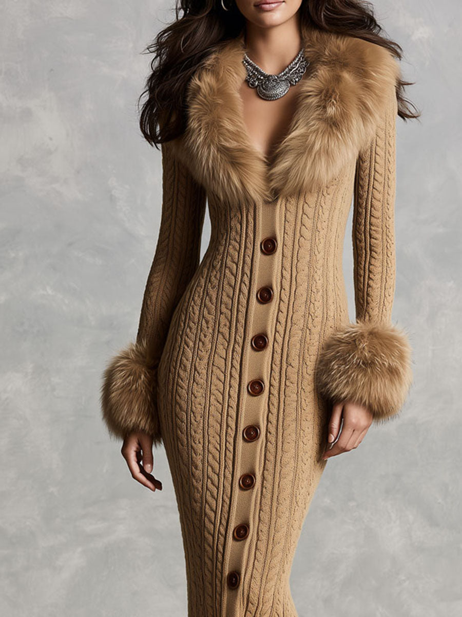 Vestido Midi Suéter de Punto Retro Color Camel con Cuello y Puños de Peluche Sintético