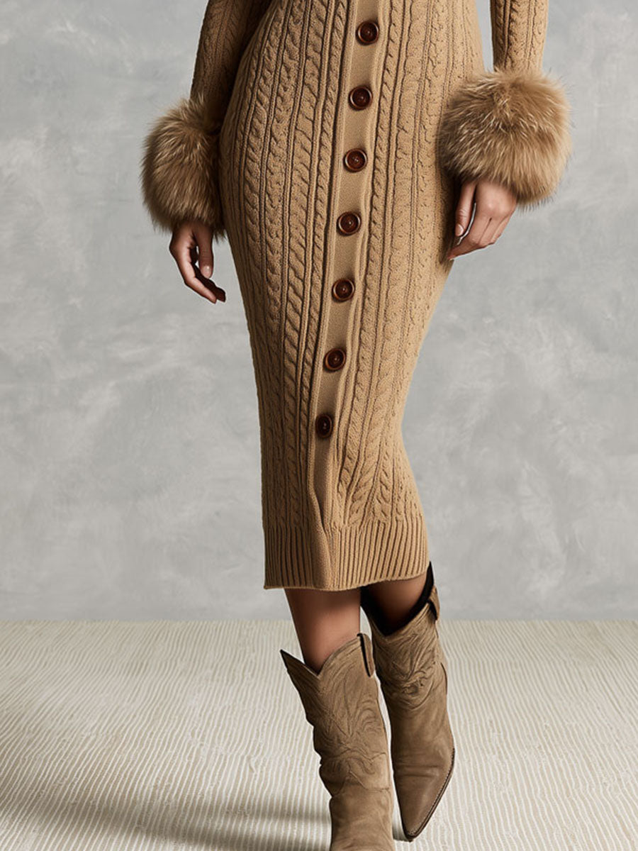 Vestido Midi Suéter de Punto Retro Color Camel con Cuello y Puños de Peluche Sintético