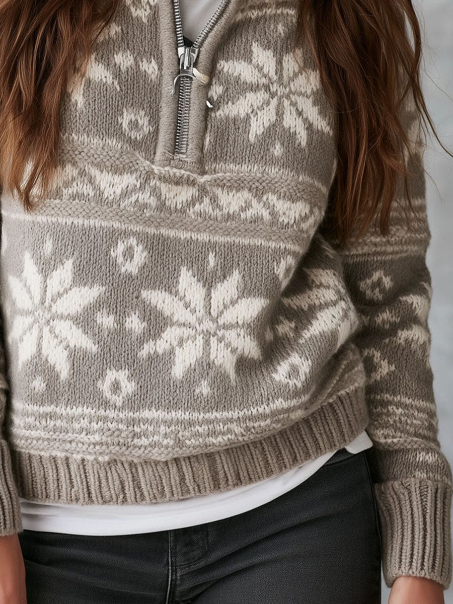 Suéter Boho Gris Jaspeado de Punto con Patrón de Copos de Nieve, Cuello de Tortuga y Medio Cierre