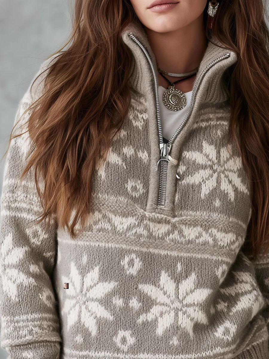 Suéter Boho Gris Jaspeado de Punto con Patrón de Copos de Nieve, Cuello de Tortuga y Medio Cierre