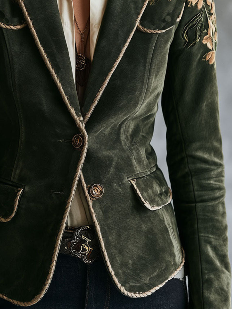 Blazer Boho Retro de Microgamuza con Bordado Floral y Ribete de Cordón