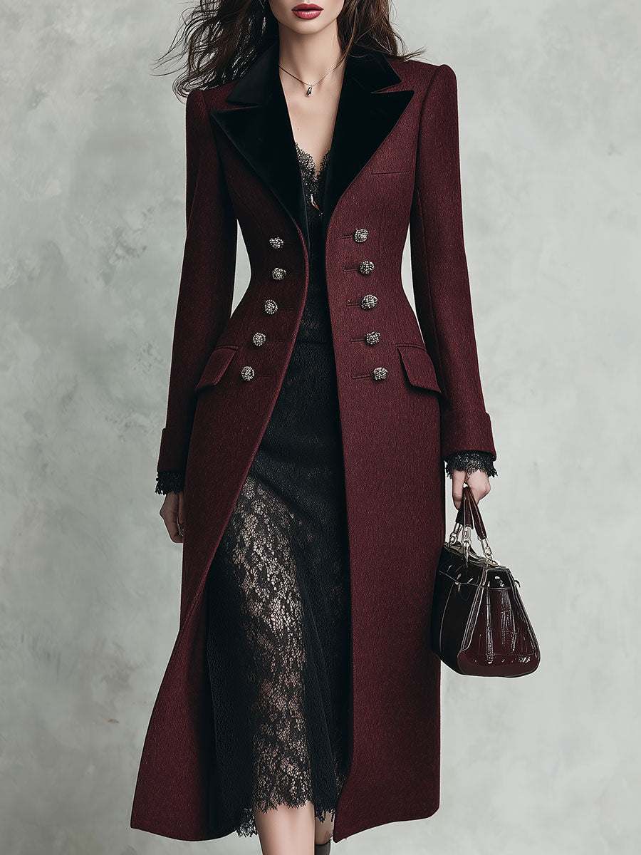 Abrigo Midi de Lana Entallado Quiet Luxury con Cuello de Terciopelo y Doble Botonadura