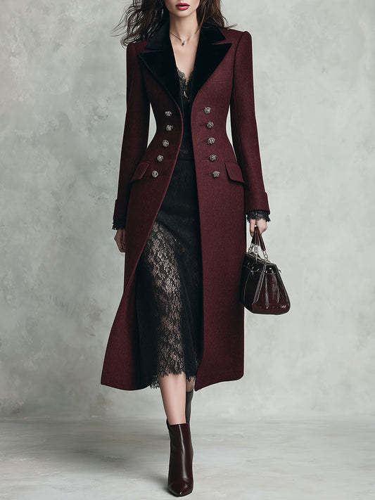 Abrigo Midi de Lana Entallado Quiet Luxury con Cuello de Terciopelo y Doble Botonadura