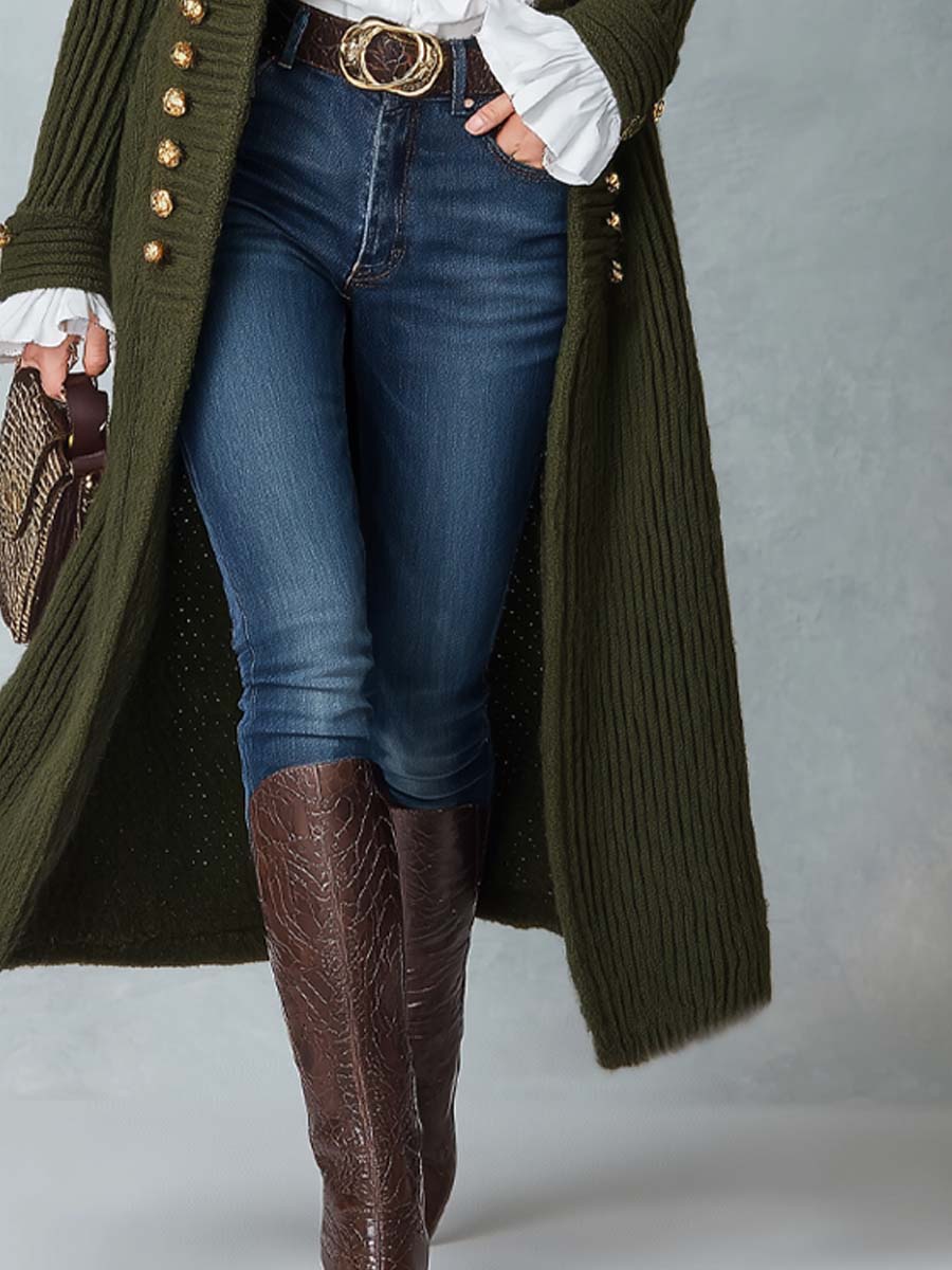 Abrigo Largo de Punto Estilo Militar con Cuello Alto
