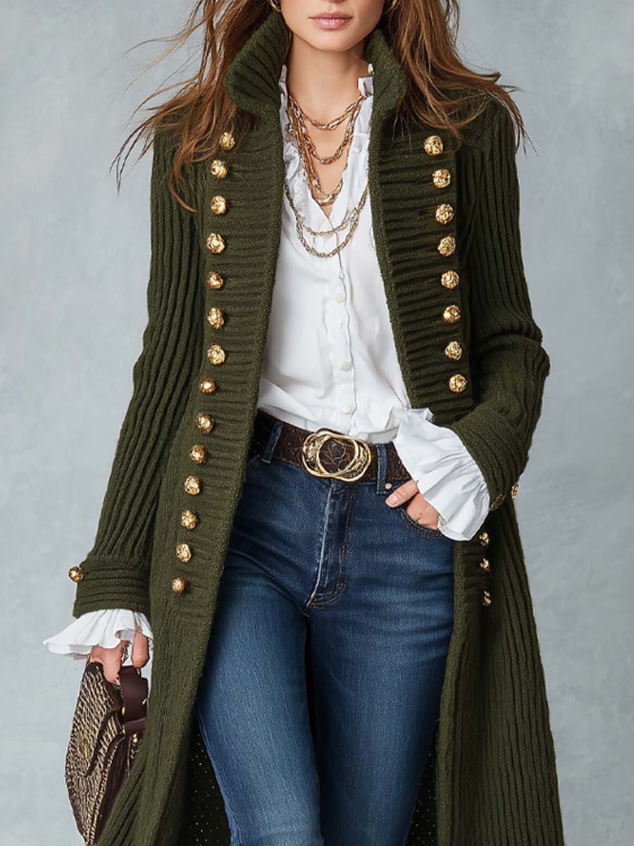 Abrigo Largo de Punto Estilo Militar con Cuello Alto
