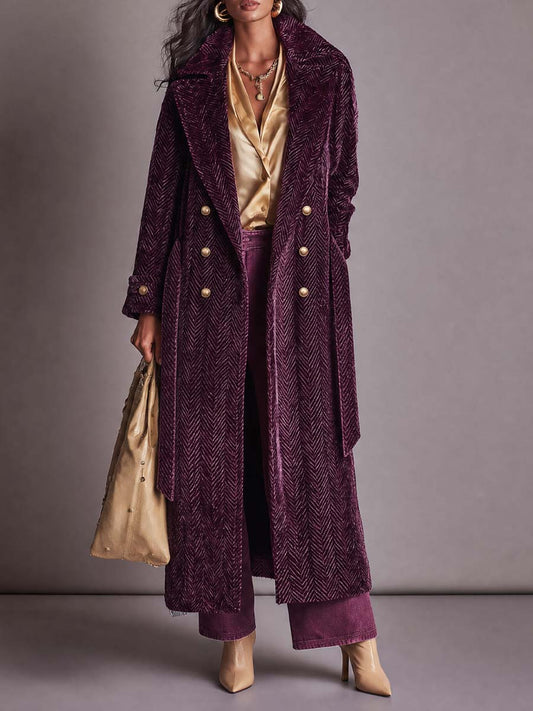 Abrigo Largo Vintage Morado Ciruela de Chenille Espiga con Doble Botonadura