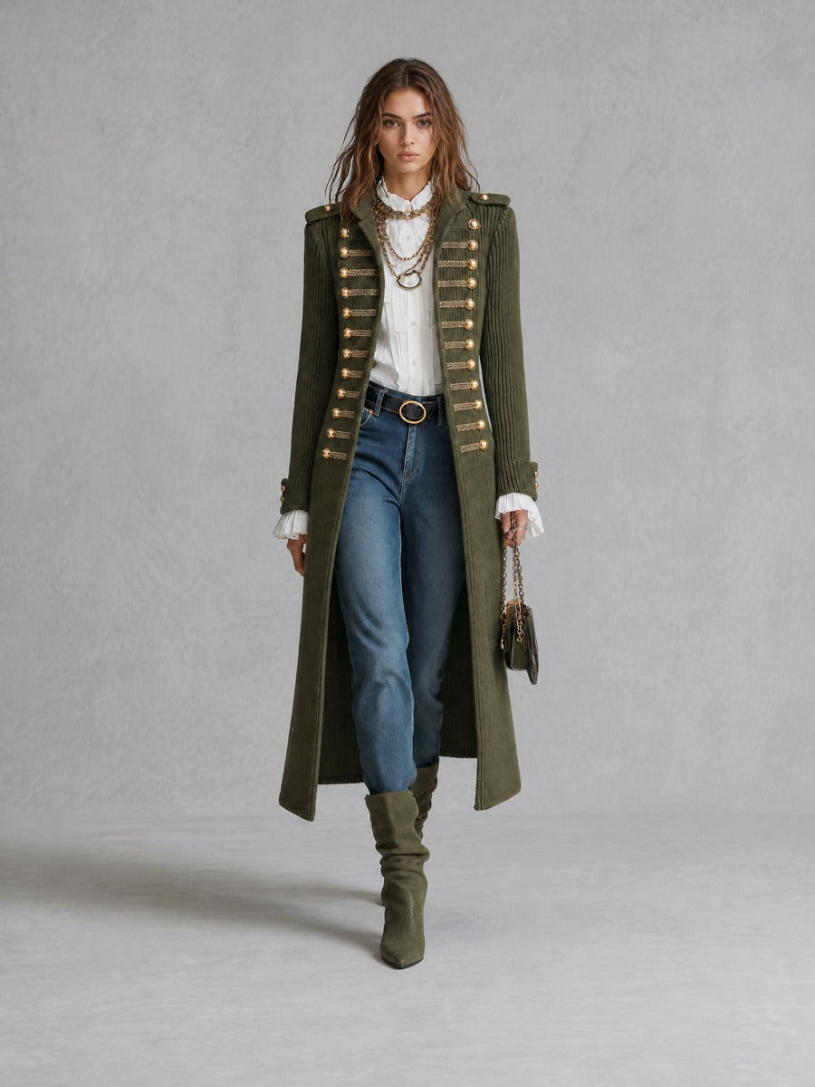 Abrigo Largo de Punto Estilo Militar con Botones Decorativos