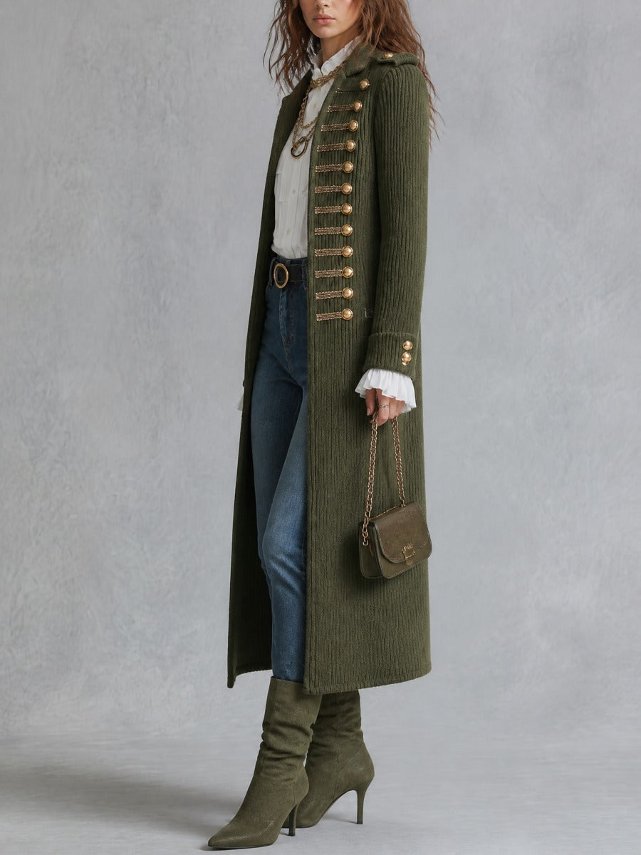 Abrigo Largo de Punto Estilo Militar con Botones Decorativos