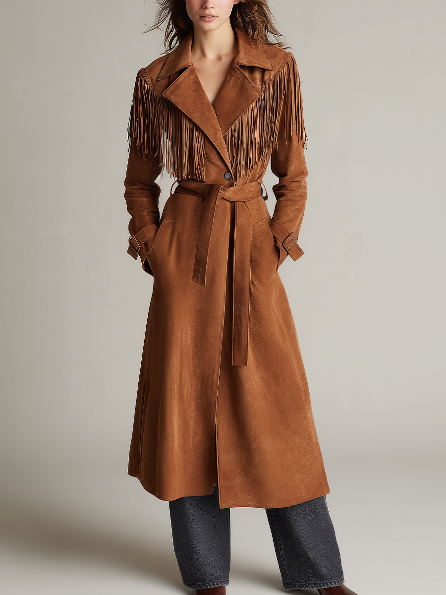 Gabardina Western Cognac de Gamuza con Flecos y Cinturón