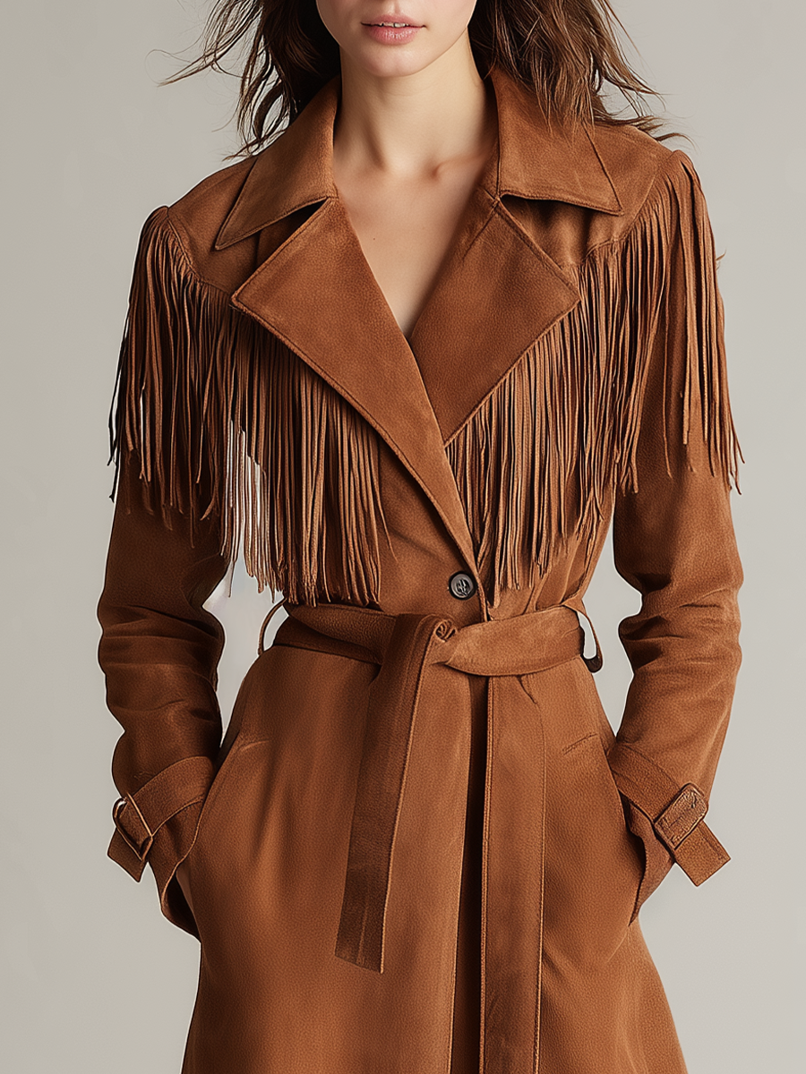 Gabardina Western Cognac de Gamuza con Flecos y Cinturón