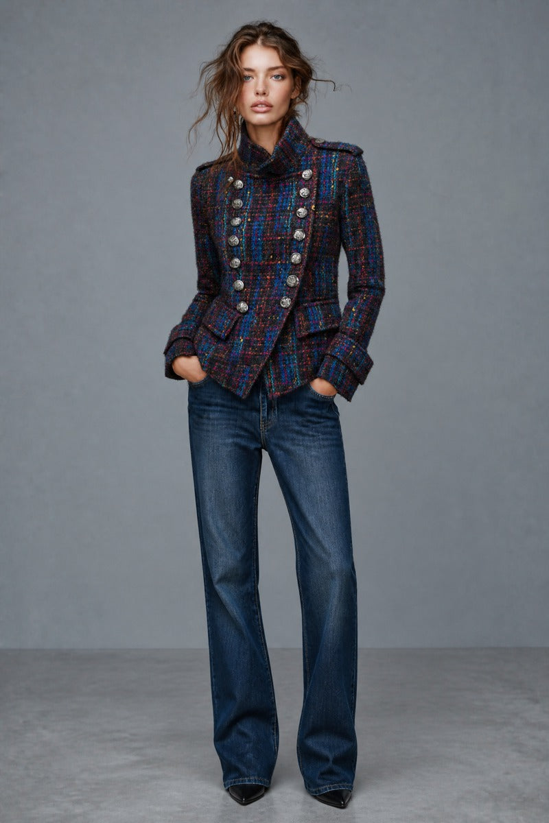 Abrigo Retro de Tweed Estilo Militar con Doble Botonadura y Botones Metálicos