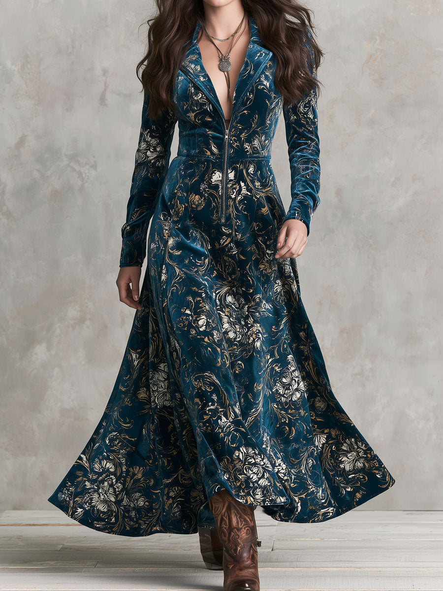 Vestido Maxi Boho Vintage de Terciopelo Acampanado con Estampado Floral Dorado, Solapa y Cierre al Frente