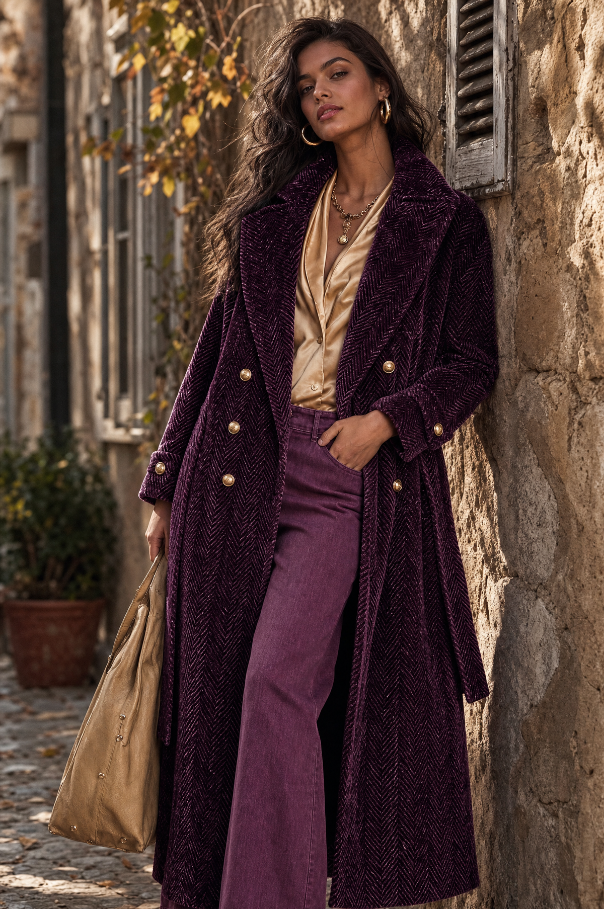 Abrigo Largo Vintage Morado Ciruela de Chenille Espiga con Doble Botonadura