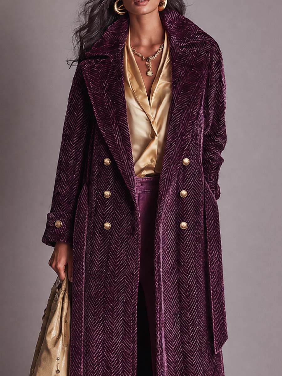 Abrigo Largo Vintage Morado Ciruela de Chenille Espiga con Doble Botonadura