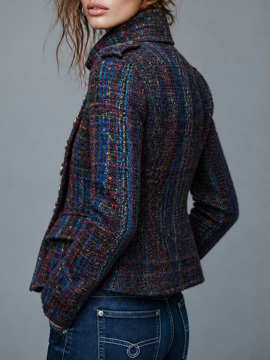Abrigo Retro de Tweed Estilo Militar con Doble Botonadura y Botones Metálicos