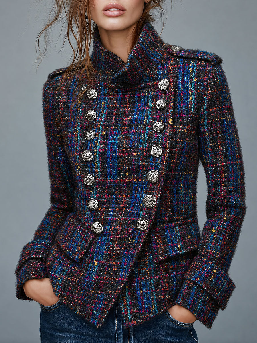 Abrigo Retro de Tweed Estilo Militar con Doble Botonadura y Botones Metálicos