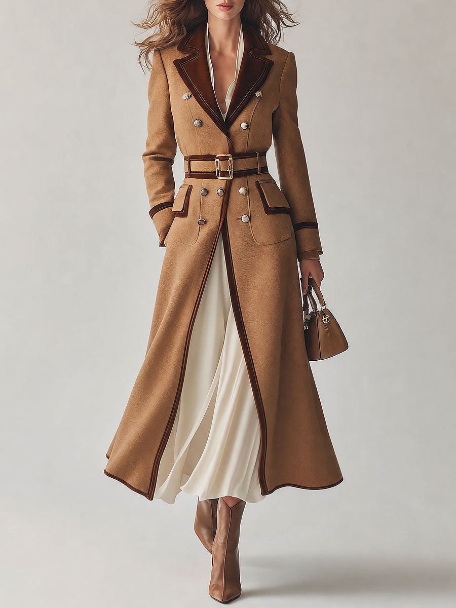 Abrigo de Lana Elegante con Doble Botonadura, Cinturón y Ribete de Terciopelo