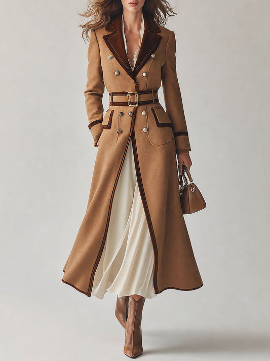 Abrigo de Lana Elegante con Doble Botonadura, Cinturón y Ribete de Terciopelo