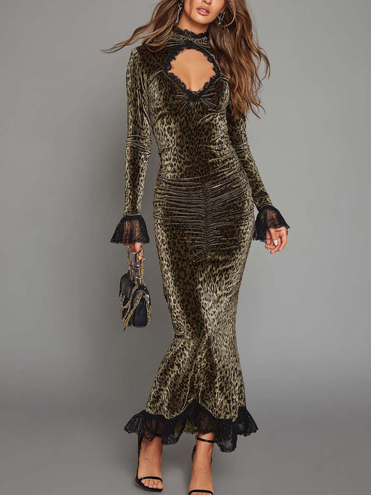 Vestido Maxi de Noche Estilo Vintage de Terciopelo de Poliéster con Estampado de Leopardo
