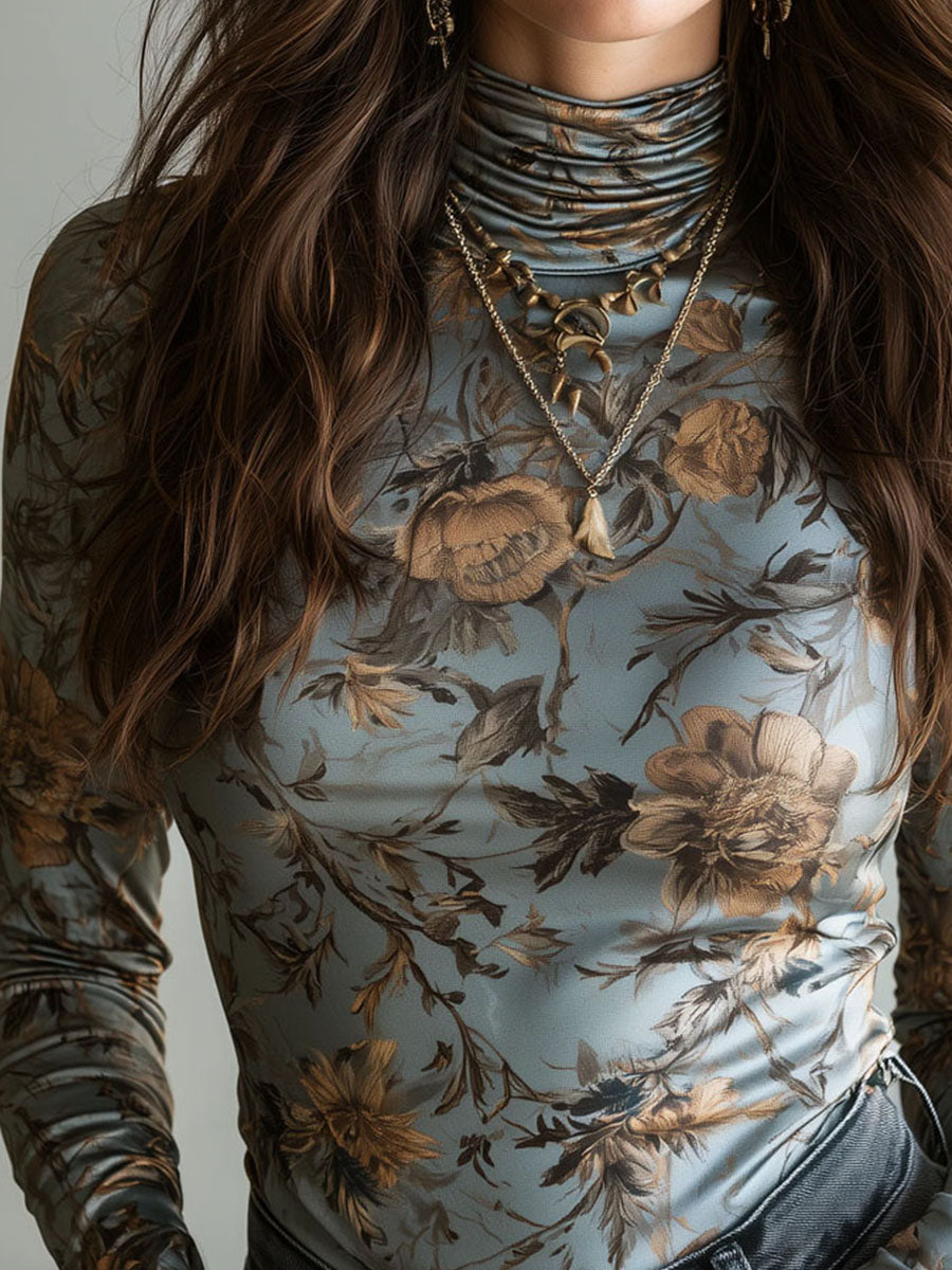 Blusa Base Vintage de Cuello de Tortuga Azul Empolvado con Estampado Floral