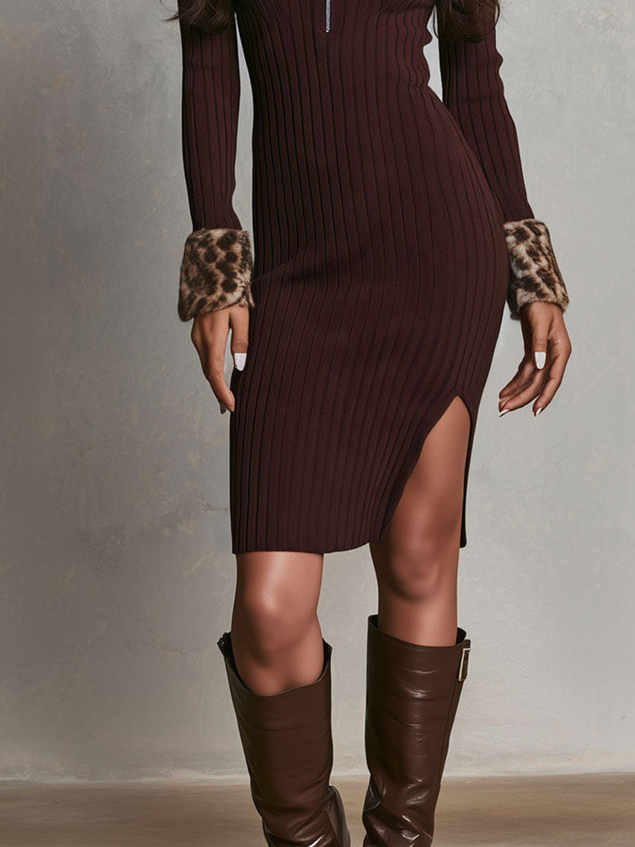 Vestido Bodycon Retro Estilo Vaquero de Punto con Ribete de Peluche de Leopardo y Abertura Lateral