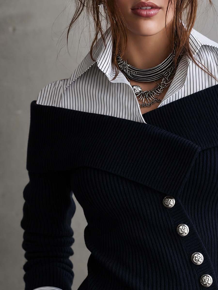 Blusa de Punto con Efecto en Capas y Tapeta Asimétrica