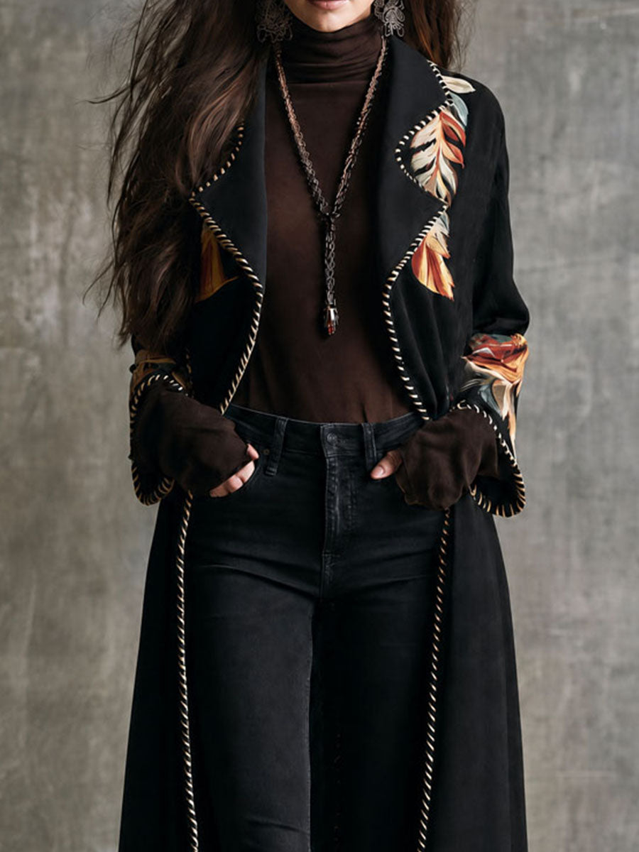 Abrigo Largo Boho Vintage Negro de Microgamuza con Solapa Floral