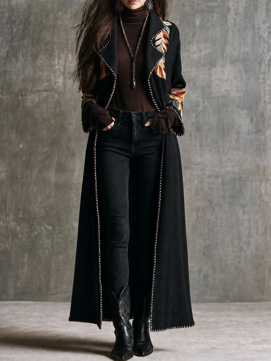 Abrigo Largo Boho Vintage Negro de Microgamuza con Solapa Floral