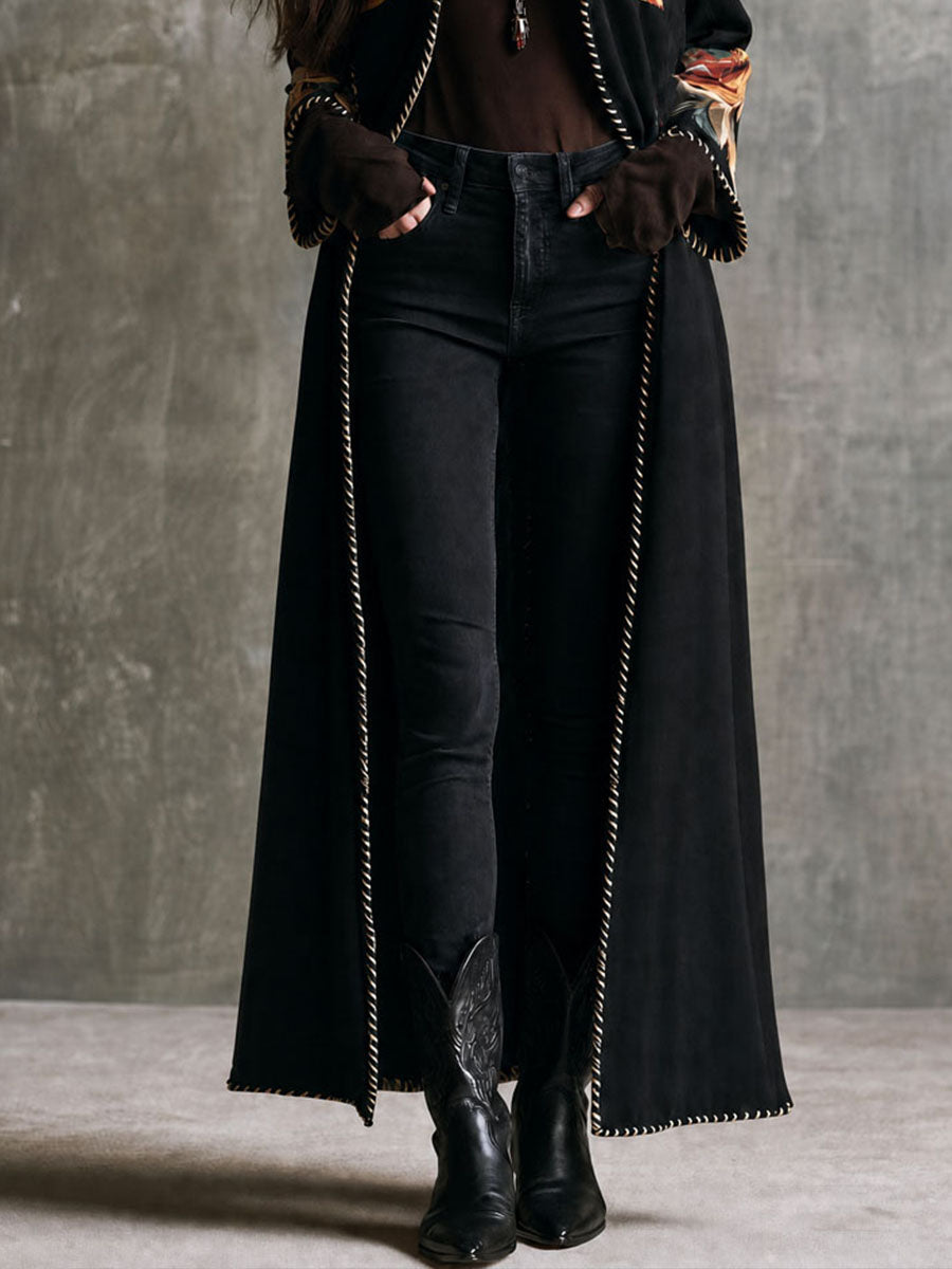 Abrigo Largo Boho Vintage Negro de Microgamuza con Solapa Floral