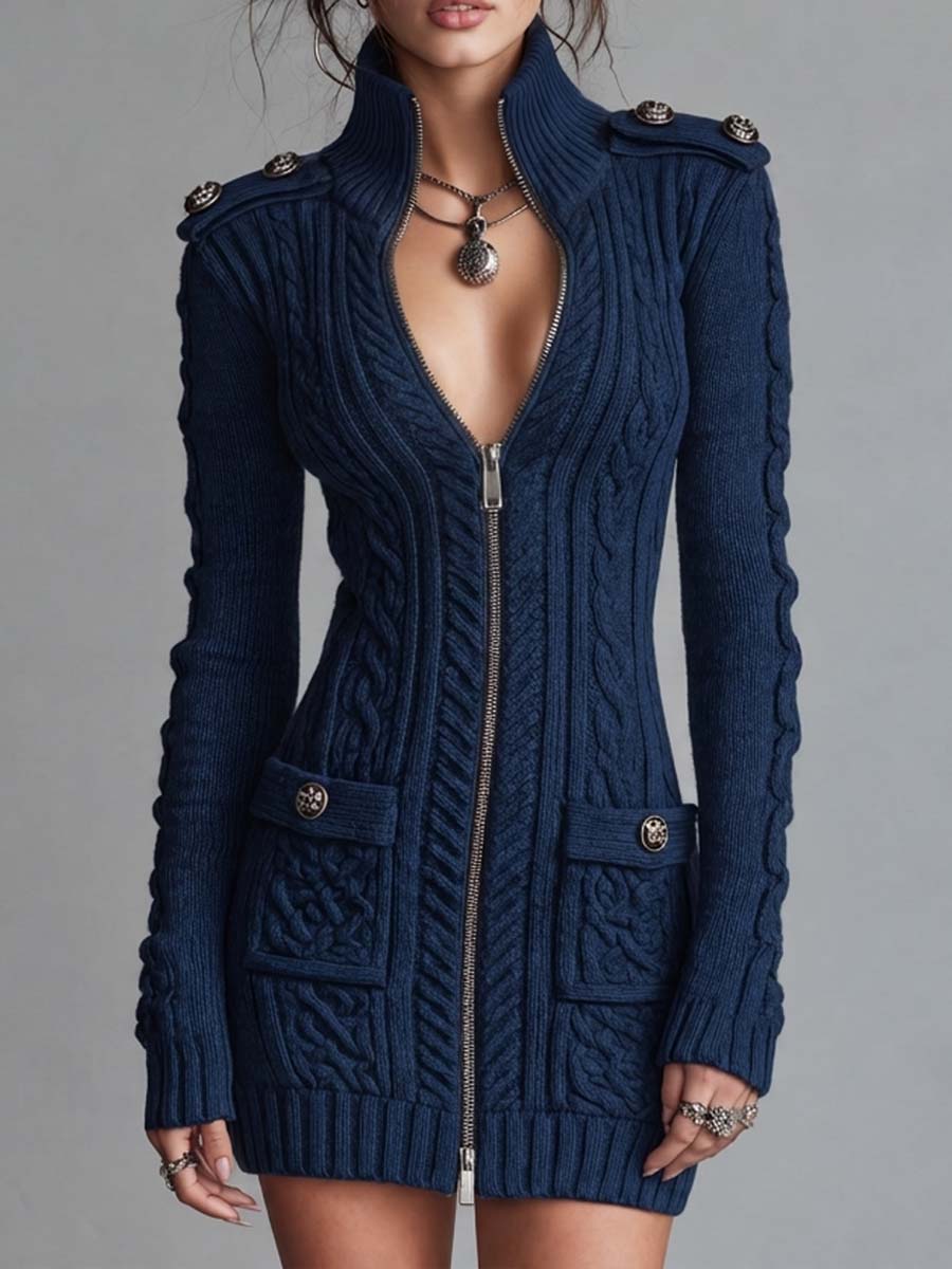 Vestido Suéter Vintage Estilo Militar de Punto Trenzado con Cierre y Detalle de Botones