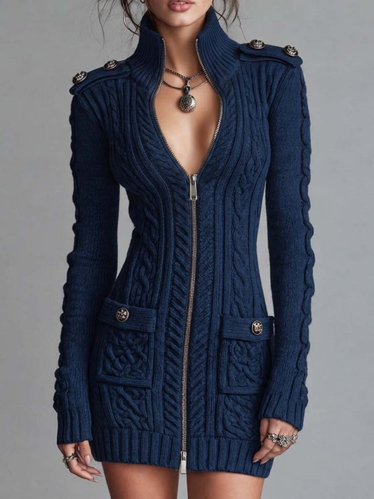 Vestido Suéter Vintage Estilo Militar de Punto Trenzado con Cierre y Detalle de Botones