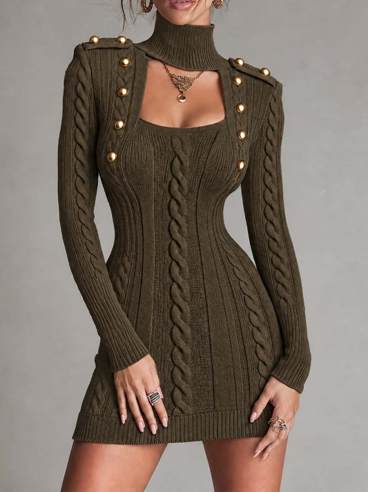Vestido Suéter Bodycon Estilo Militar de Punto Trenzado con Aberturas y Botones Dorados