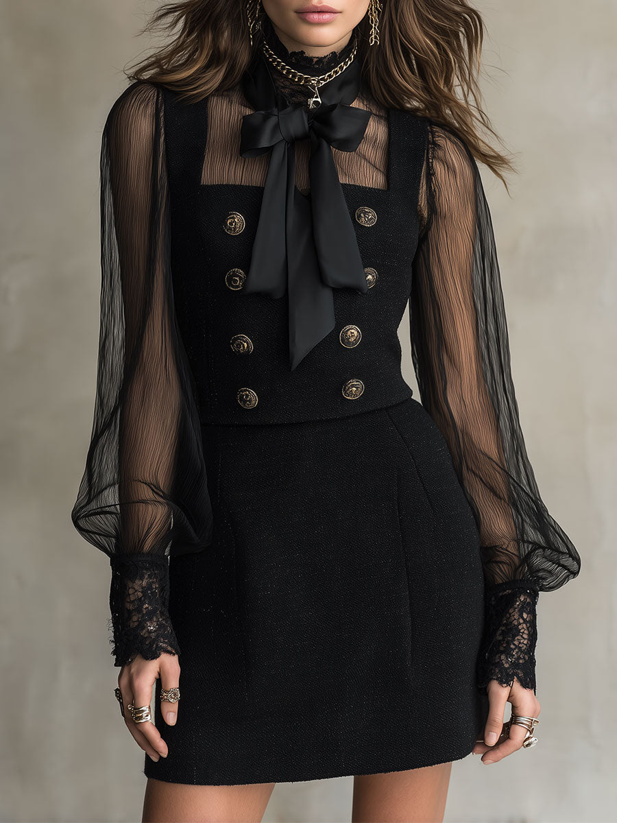 Blusa Boho de Chifón Transparente con Puños de Encaje y Moño Desmontable