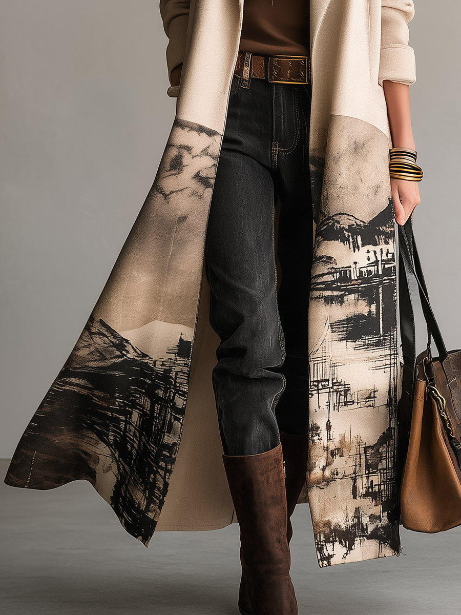 Abrigo Largo Artístico Crema con Estampado de Paisaje