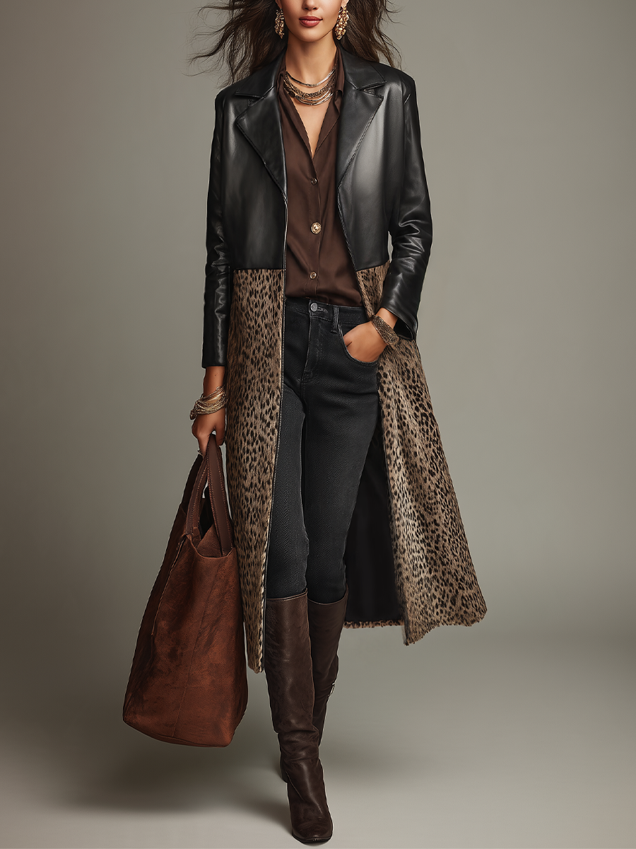 Abrigo Largo Negro con Paneles de Leopardo Estilo Atrevido