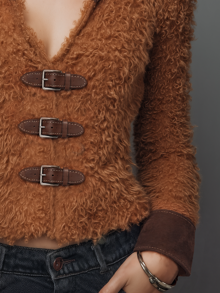 Chamarra Vintage de Peluche Sintético Color Café Camel con Hebilla
