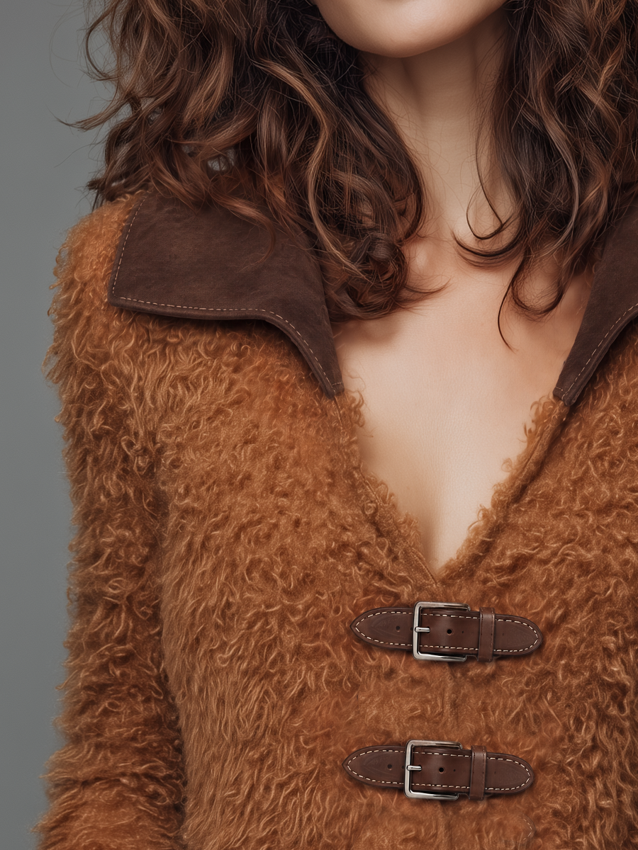 Chamarra Vintage de Peluche Sintético Color Café Camel con Hebilla