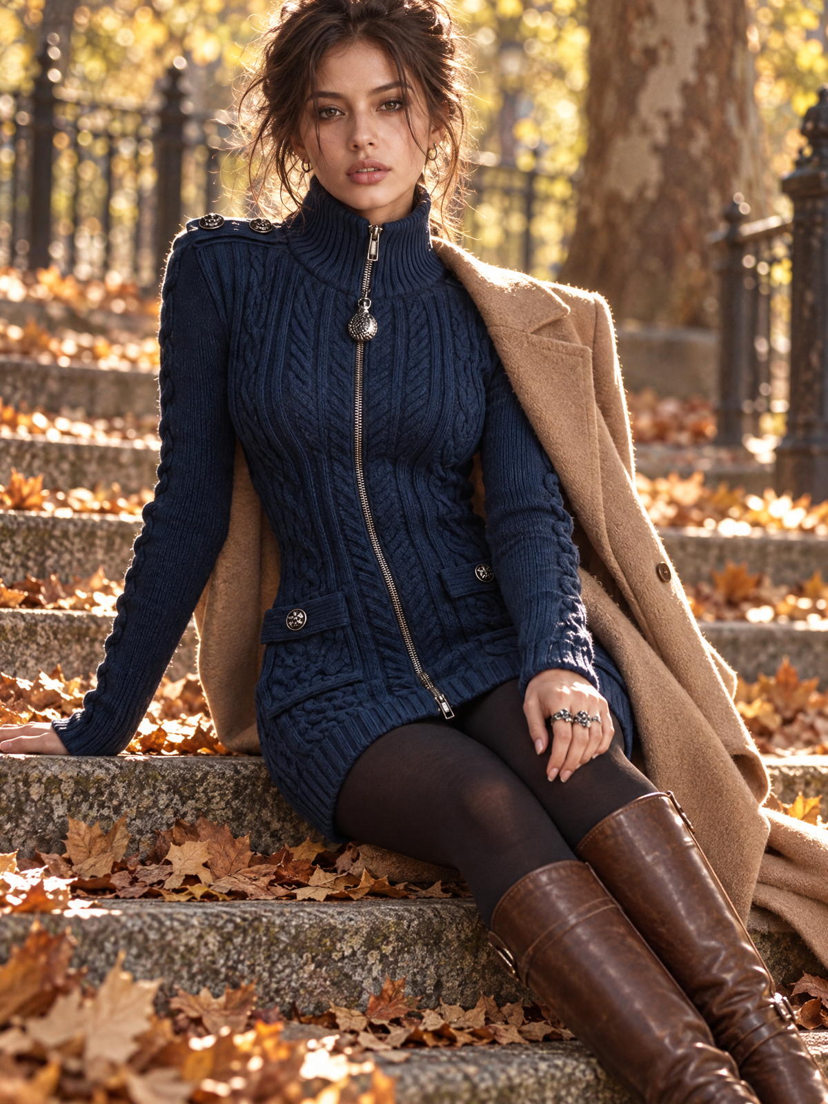 Vestido Suéter Vintage Estilo Militar de Punto Trenzado con Cierre y Detalle de Botones