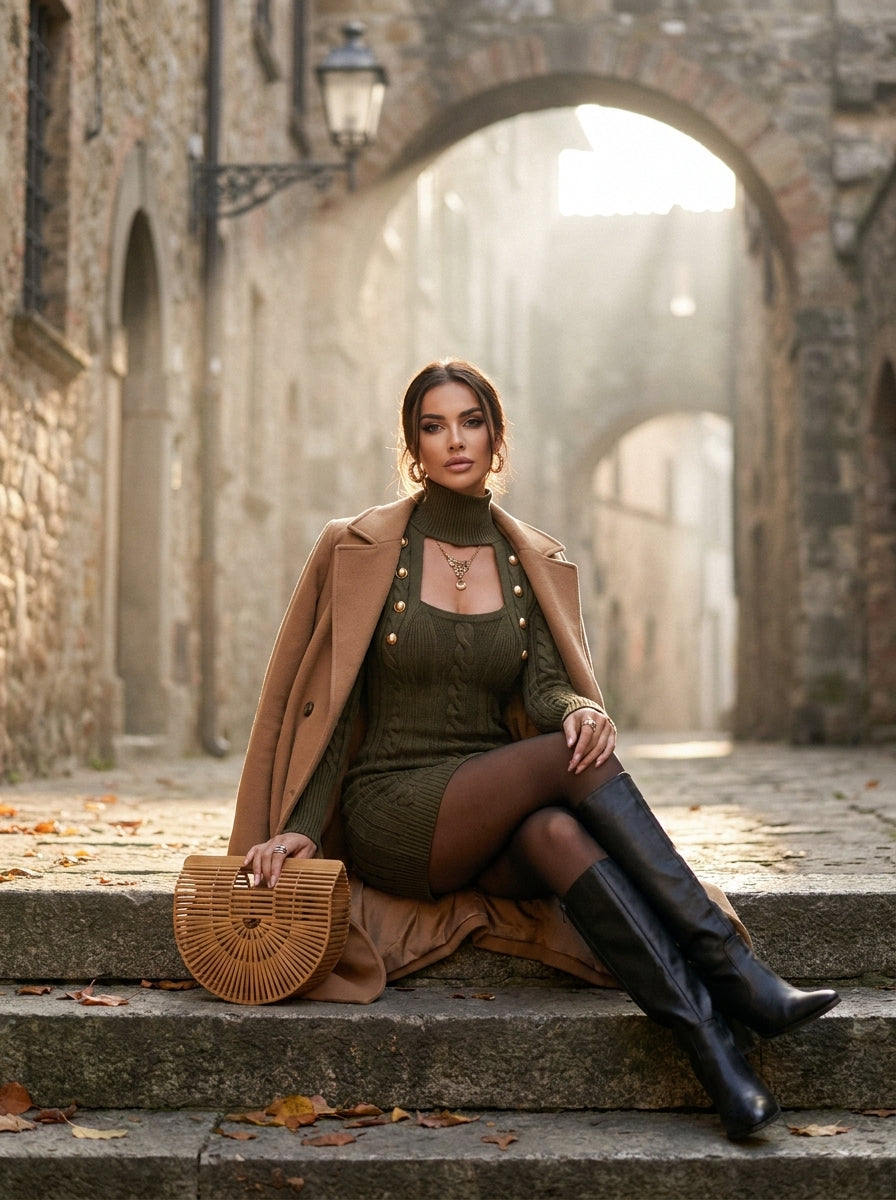 Vestido Suéter Bodycon Estilo Militar de Punto Trenzado con Aberturas y Botones Dorados