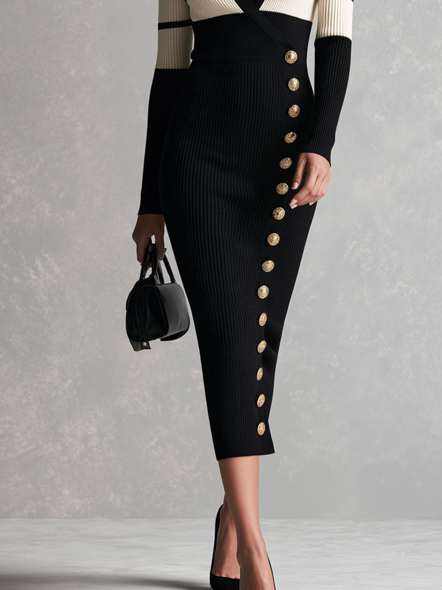 Vestido Midi de Punto Quiet Luxury a Rayas con Bloques de Color en Contraste y Botones Laterales