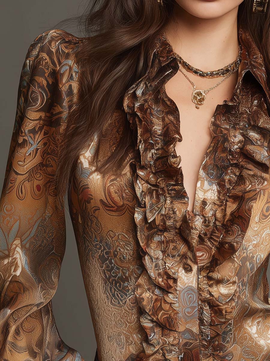 Blusa Vintage de Satín con Estampado de Cachemira, Olanes y Cuello en V